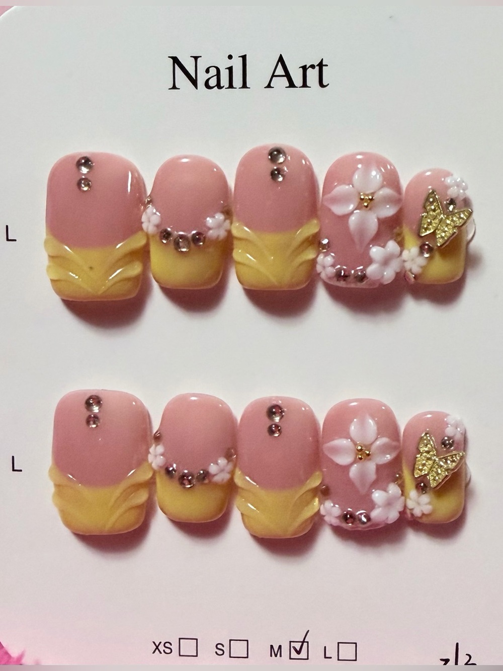 Pink & Yellow Floral 3D Press-On Nails with Rhinestones